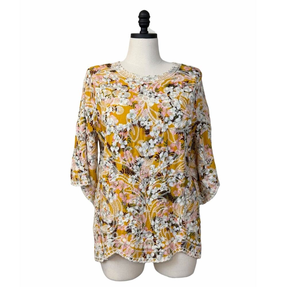 Solitaire Boho Floral Blouse Size XL Mustard Rayon Scalloped Bell Sleeve Top